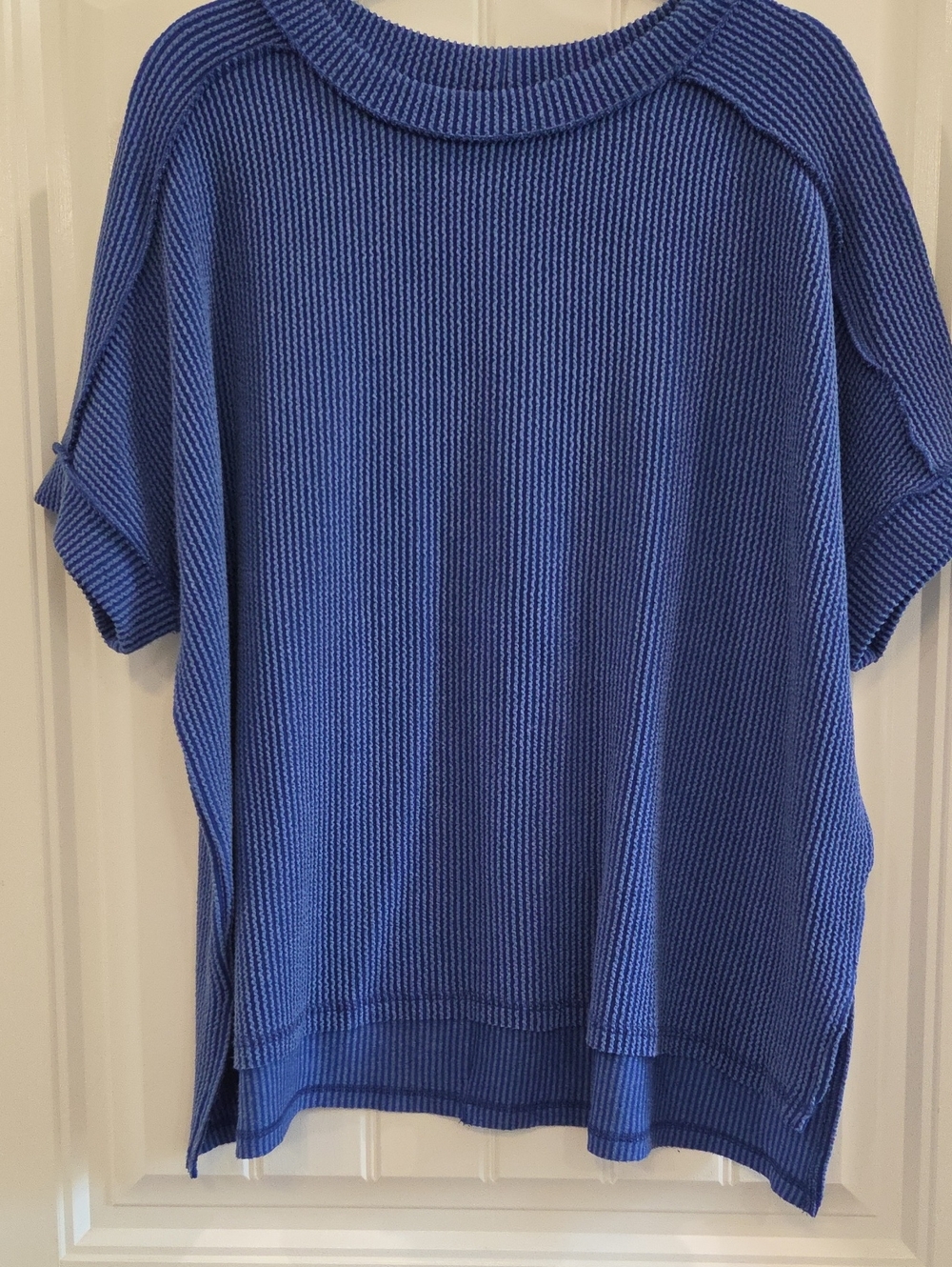 Zenana Outfitters Short-Sleeve Ribbed Knit Top — Blue